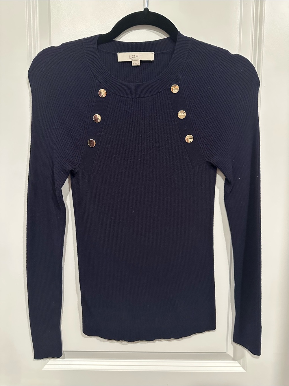 LOFT Navy Rib-Knit Long Sleeve Top with Gold Buttons